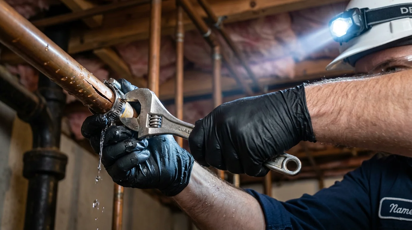 Emergency pipe clamp repair being performed by a Johns Plumbing LLC plumber in Rantoul