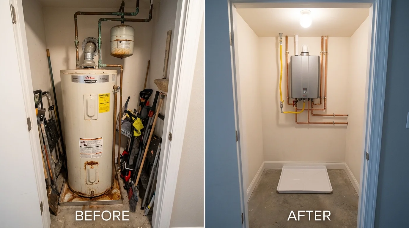 Tank water heater versus wall-mounted tankless unit comparison for Rantoul, IL homeowners