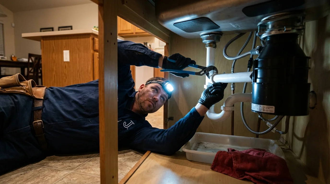 P-trap and supply line connections under a kitchen sink showing a common leak point in Rantoul, IL